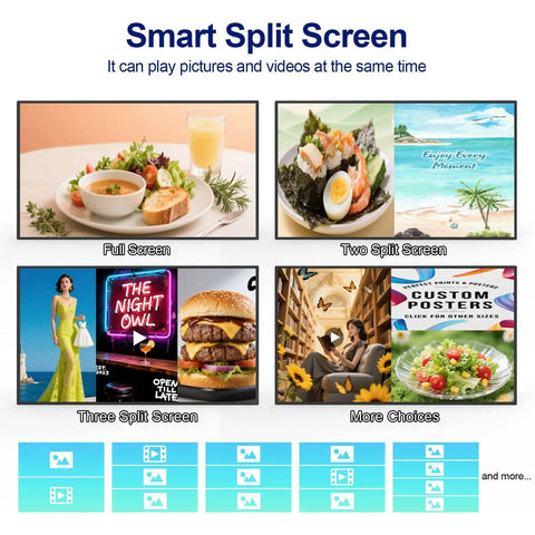 Smart Split Screen layout showcasing full, two, and three split screen options for versatile media display.
