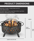32 Inch Outdoor Wood Fire Pit With Screen, Poker, And Cover for Backyard, cross-weave design, shown with dimensions