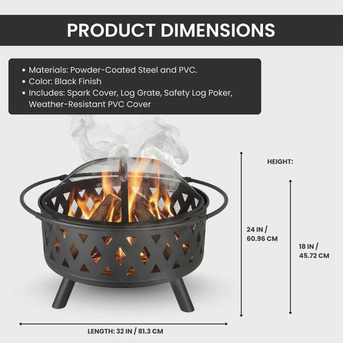 32 Inch Outdoor Wood Fire Pit With Screen, Poker, And Cover for Backyard, cross-weave design, shown with dimensions