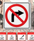 Large No Right Turn Sign 18 x 18 Inches High Visibility Reflective Aluminum Engineered Grade Safety Sign For Night Driving And Daytime Traffic In Streets Parking Lots And Work Zones, front view