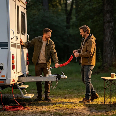 Two people attaching RV Breakaway Cable With Transparent Jacket Heavy Duty 4.0mm Core Cable to trailer for safe towing.