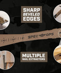 Pro Grade 9.5 Inch Trim Bar And Pry Bar Set With High Carbon Steel Built In Ruler Beveled Edges Nail Puller And Siding Nail Puller 2 Pack Donates 3 Percent To Veterans showing ruler and nail extractors.