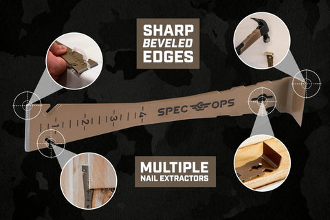 Pro Grade 9.5 Inch Trim Bar And Pry Bar Set With High Carbon Steel Built In Ruler Beveled Edges Nail Puller And Siding Nail Puller 2 Pack Donates 3 Percent To Veterans showing ruler and nail extractors.