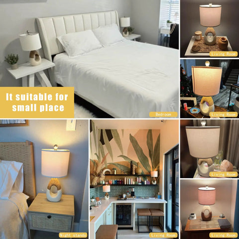 Small Boho Table Lamps Set Of 2 for bedroom and living room with rattan base and cotton linen shade, cozy vibes lighting.