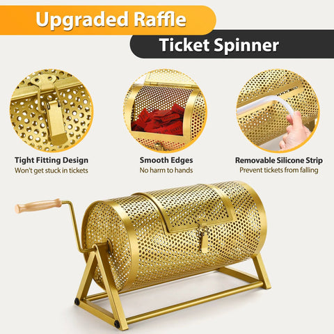 Front view of a gold perforated metal raffle drum on a tripod stand with wooden turning handle.
