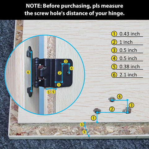 Diagram showing screw hole measurements for Thirty Pack Fifteen Pairs Hella Sturdy 3/8 Inch Inset Self Closing Cabinet Hinges Matte Black Hardware.
