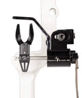 Close-up of the Sync Drop Away Archery Arrow Rest with Smooth Cable Driven Draw, laterally adjustable black right-hand setup