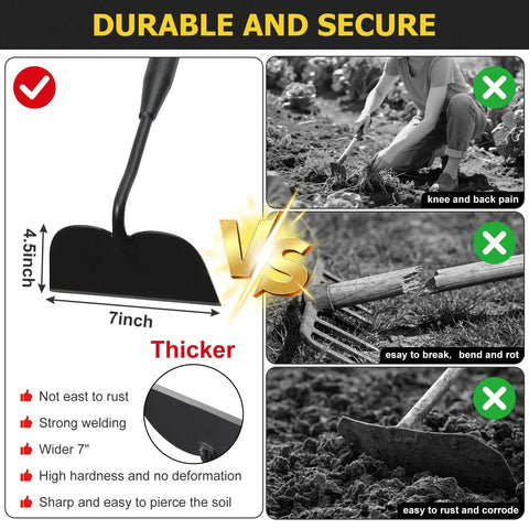 Comparison of Heavy Duty Garden Weed Hoe With Stainless Steel Long Handle VS traditional tools, highlighting durability and ease of use.