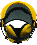 Heavy Duty Face Shield And Ear Muffs Combo With Removable Visor For Crew Job Site Protection And Yard Work Ppe In Safety Yellow and Black, front view.