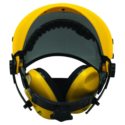 Heavy Duty Face Shield And Ear Muffs Combo With Removable Visor For Crew Job Site Protection And Yard Work Ppe In Safety Yellow and Black, front view.