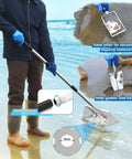 Person using Long Handle Beach Sand Flea Rake With 16 Inch Mesh Sifter Screen Stainless Steel Shark Tooth And Seashell Collector Kit on beach