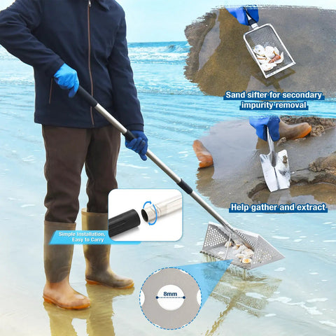 Person using Long Handle Beach Sand Flea Rake With 16 Inch Mesh Sifter Screen Stainless Steel Shark Tooth And Seashell Collector Kit on beach