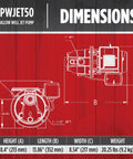 Dimensions diagram of 1/2 HP Shallow Well Jet Pump For Homes And Cottages, Delivers 7.4 GPM, Dual Voltage 115/230V, Model PWJET50 Black