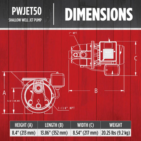 Dimensions diagram of 1/2 HP Shallow Well Jet Pump For Homes And Cottages, Delivers 7.4 GPM, Dual Voltage 115/230V, Model PWJET50 Black