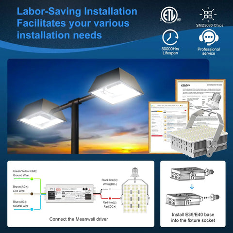 240W LED Parking Lot Retrofit Kit Ultra Bright 34800 Lumen 5000K Street Area Lighting with installation guide, AC100277V E39 Base ETL Listed.