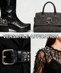 Badass Skull Rivet Studs With Screws In Silver Gray Finish on leather boots, bags, and clothing for punk DIY style.