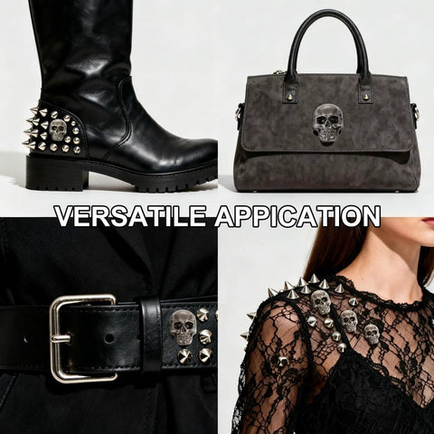 Badass Skull Rivet Studs With Screws In Silver Gray Finish on leather boots, bags, and clothing for punk DIY style.