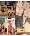 Basswood sheets 8x12 in, 1/16 in thick, unfinished 18-pack; collage showing laser-cut models and wooden houses