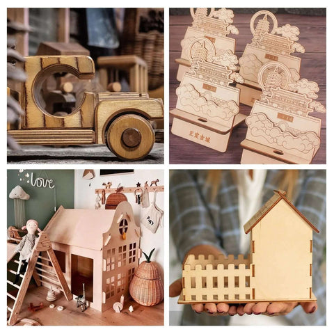 Basswood sheets 8x12 in, 1/16 in thick, unfinished 18-pack; collage showing laser-cut models and wooden houses