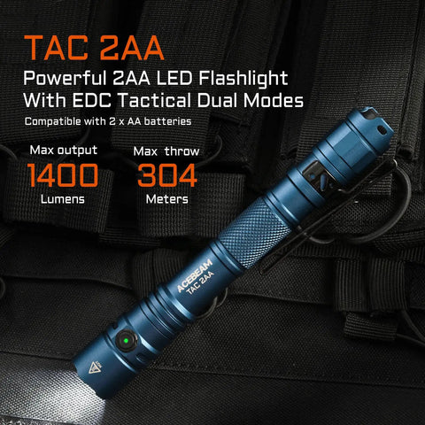 TAC 2AA EDC Tactical Dual Modes Flashlight With Dual Switches, 1400 High Lumen Portable LED Light For EDC Camping And Home Emergencies