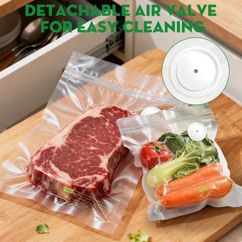 Reusable Vacuum Sealer Bags For Food 30 Small Size 8.7 By 11.8 Inch And 11.8 By 13.8 Inch Leak Proof showcasing meat and vegetables