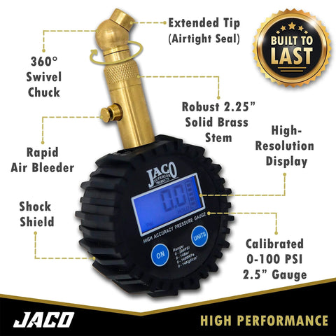 JACO Elite digital tire pressure gauge with brass 2.25 in stem and blue display, front view