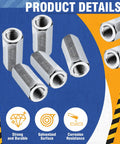 Five Pack 3/8-24 By 1-1/8 Inch Hex Coupling Nuts With Zinc Plated Finish For Threaded Rod Connections, displayed details and icons.