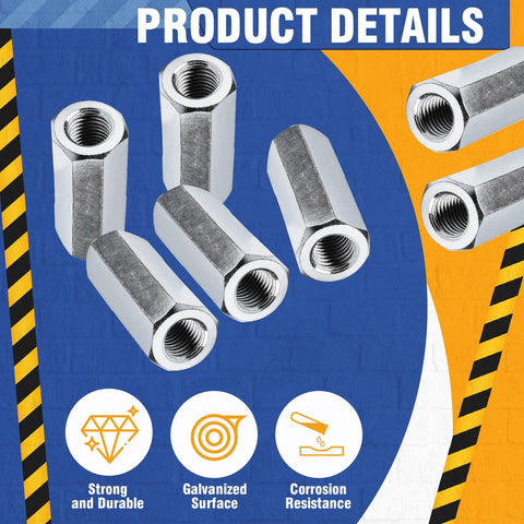 Five Pack 3/8-24 By 1-1/8 Inch Hex Coupling Nuts With Zinc Plated Finish For Threaded Rod Connections, displayed details and icons.