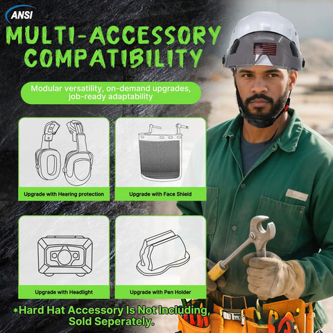 OSHA Approved Vented White Hard Hat With Visor For Men And Women, ANSI Z89.1 Type I with accessory options displayed