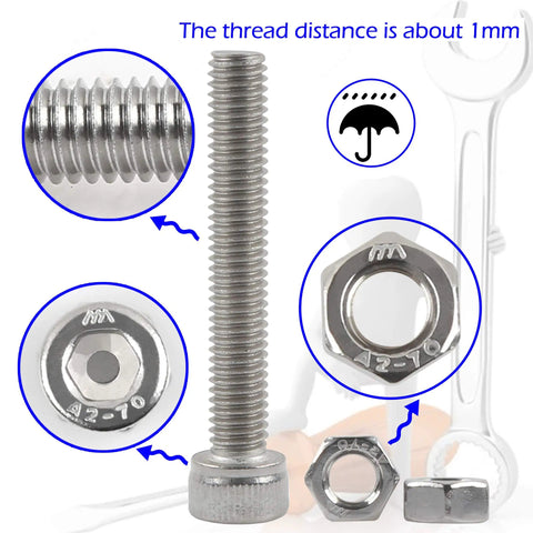 Heavy Duty Top Shelf 304 Stainless Steel Hex Socket Cap Screw And Nut Assortment Kit Featuring Metric Fasteners showcasing bolt and nut details.