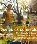 Image showing a woman using a garden hose with a brass quick connector attached, highlighting ease of connection and robust design.