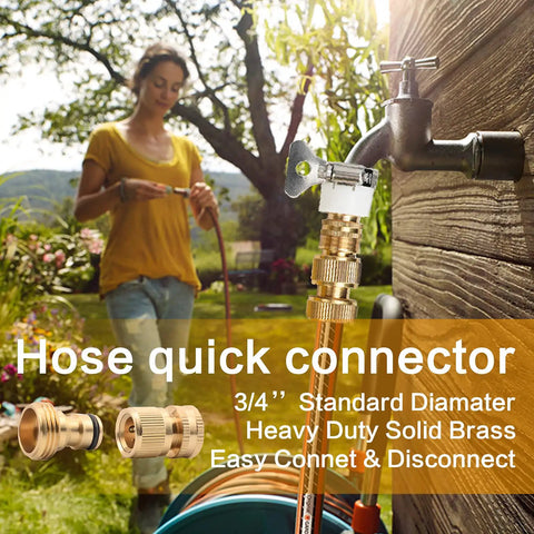 Image showing a woman using a garden hose with a brass quick connector attached, highlighting ease of connection and robust design.