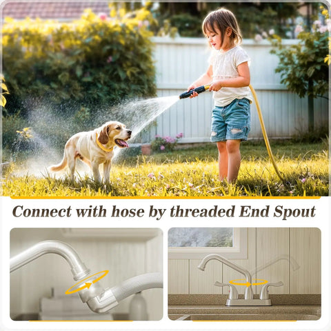 Brushed Nickel Utility Sink And Laundry Faucet For Home Use, 4 Inch Center Set, 360 Rotating Swivel Spout, Garden Hose Threaded End