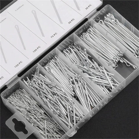 Stainless Steel U Cotter Pin Kit With 550 Pieces in a durable box, featuring assorted split pins and hairpin fasteners.
