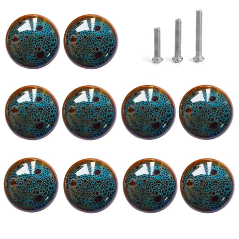 Vintage Blue Glazed Ceramic Cabinet Knobs 10 Pack Round Dresser Drawer Pulls with screws shown in antique style