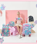 Colorful kids travel luggage set with backpack, suitcase, lunch box, and girl sitting, showcasing hard shell design with cute animal print.
