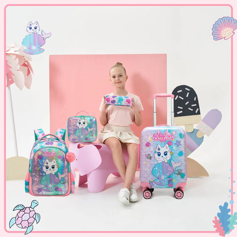 Colorful kids travel luggage set with backpack, suitcase, lunch box, and girl sitting, showcasing hard shell design with cute animal print.