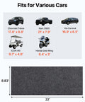 Heavy Duty Waterproof Garage Floor Mat 8 Foot 10 Inch By 22 Foot With Non Slip TPE Backing shown with vehicle fit sizes.