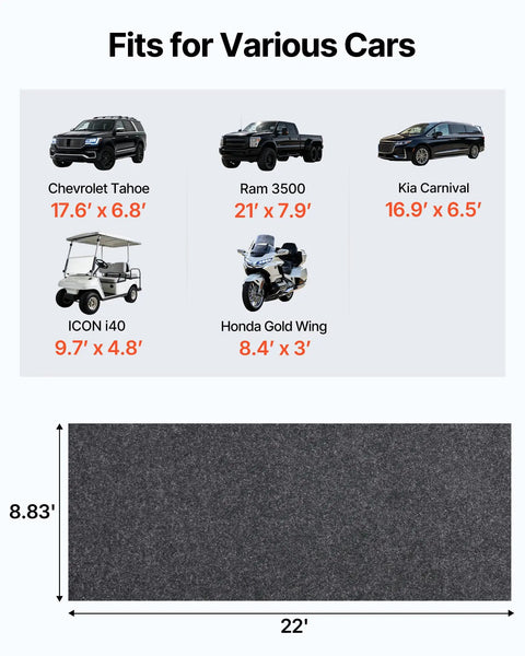 Heavy Duty Waterproof Garage Floor Mat 8 Foot 10 Inch By 22 Foot With Non Slip TPE Backing shown with vehicle fit sizes.