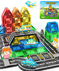 Mini Magnetic Tiles Road Travel Set for Kids On The Go Portable STEM Sensory Building Blocks with cars, planes, and boats.