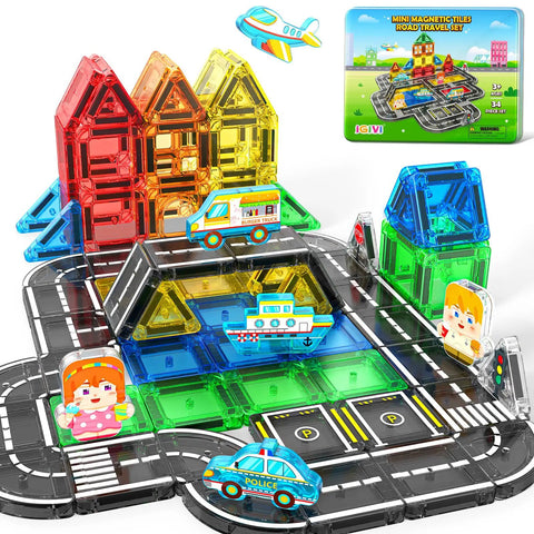 Mini Magnetic Tiles Road Travel Set for Kids On The Go Portable STEM Sensory Building Blocks with cars, planes, and boats.