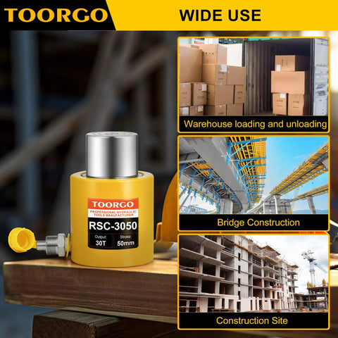 Tough As Nails 30 Ton Hydraulic Cylinder With Two Inch Auto Retracting Stroke, Portable Alloy Steel Ram Jack For Moving Heavy Loads, Yellow Coating Sealed Tight And Leak Free