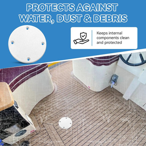 Slick Marine Deck Patch Round Access Hole Cover 4-1/8 Inch on boat floor, waterproof seal for speaker openings.