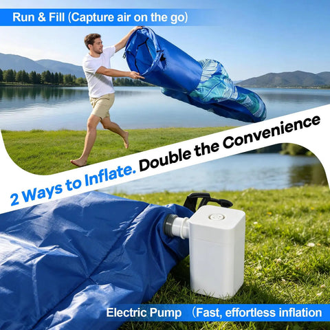 Inflatable Lounger Air Sofa With Sun Shade Waterproof Beach Bed With Electric Pump, two-way inflation demonstrated at lake