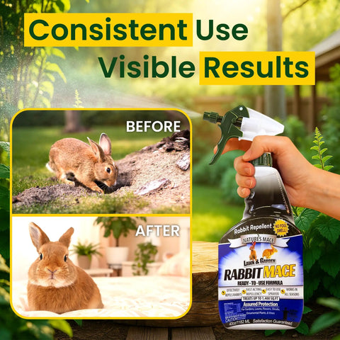 Hand holding Ready-To-Use Bunny-Proof Outdoor Rabbit Repellent Spray With Mint Scent, Safe For People Pets And Plants, Keeps Your Garden And Lawn Bunny Free, 40 Fl Oz beside before and after rabbit image.