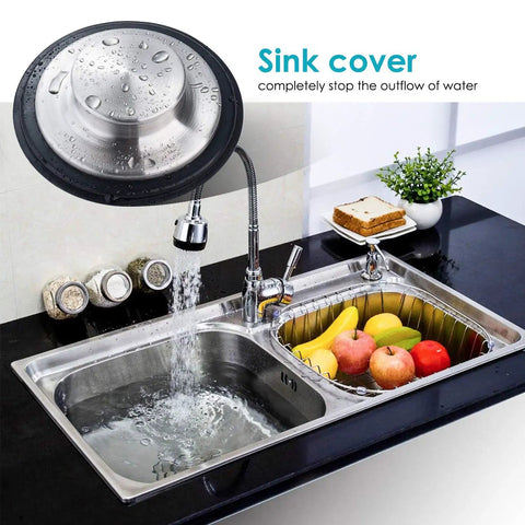 Two Pack Stainless Steel Kitchen Sink Stopper Sets With Large Wide Rim Three Point Three Five Inches Diameter shown in kitchen sink