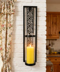 Vintage Hollow Out Metal Wall Sconce Kit Two Piece Candle Holder Set With Glass Covers For Living Room Bedroom Bathroom And Dining Area Easy Install Iron Wall Decor, black iron with glass, mounted on brick wall