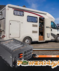 Rock Solid 55 Amp Deck Mount RV Converter and Smart Battery Charger shown with RV, designed for lead acid and lithium batteries.