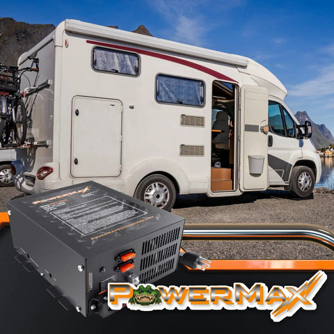 Rock Solid 55 Amp Deck Mount RV Converter and Smart Battery Charger shown with RV, designed for lead acid and lithium batteries.