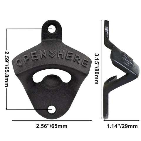 Heavy Duty Cast Iron Beer Bottle Opener Wall Mounted With Installation Screws Rock Solid Old School Design dimensions and details